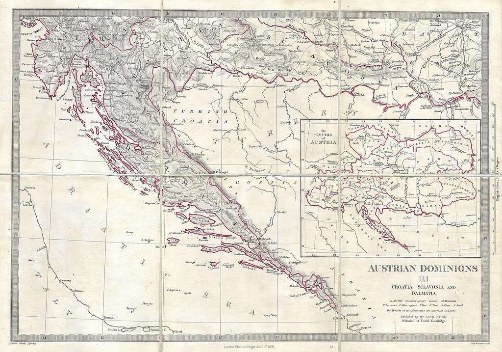 1852 S.D.U.K. Pocket Map of the Balkans, Croatia, Dalmatia, Sclavonia